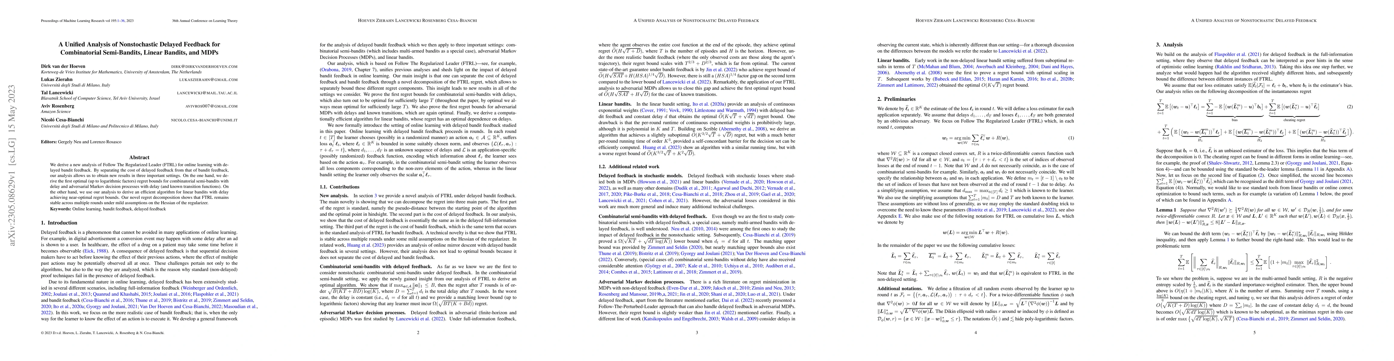 Thumbnail for A Unified Analysis of Nonstochastic Delayed Feedback for Combinatorial
  Semi-Bandits, Linear Bandits, and MDPs
