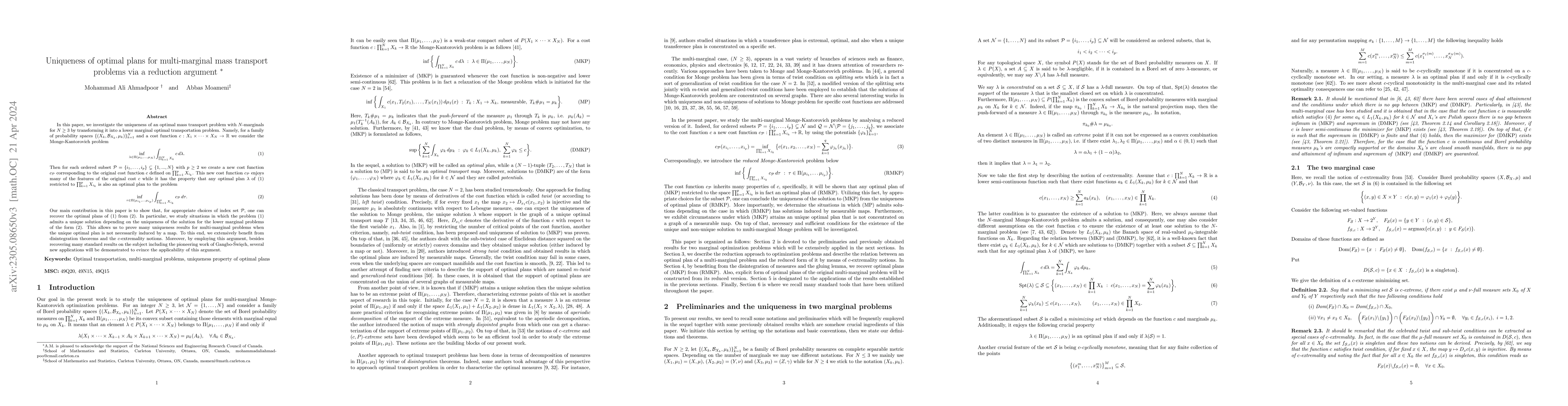 Thumbnail for Uniqueness of optimal plans for multi-marginal mass transport problems
  via a reduction argument