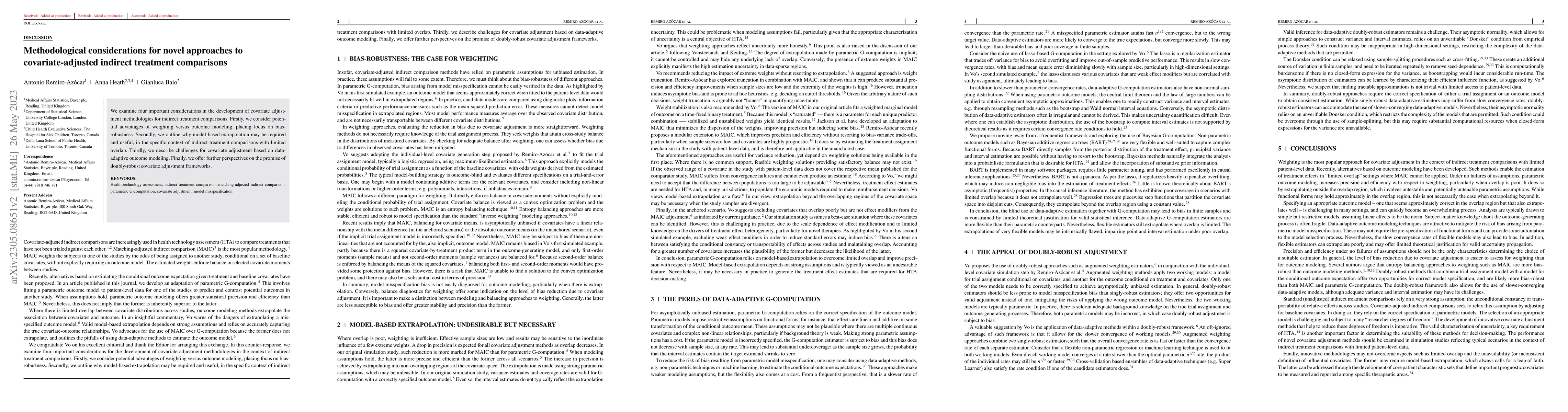 Thumbnail for Methodological considerations for novel approaches to covariate-adjusted
  indirect treatment comparisons