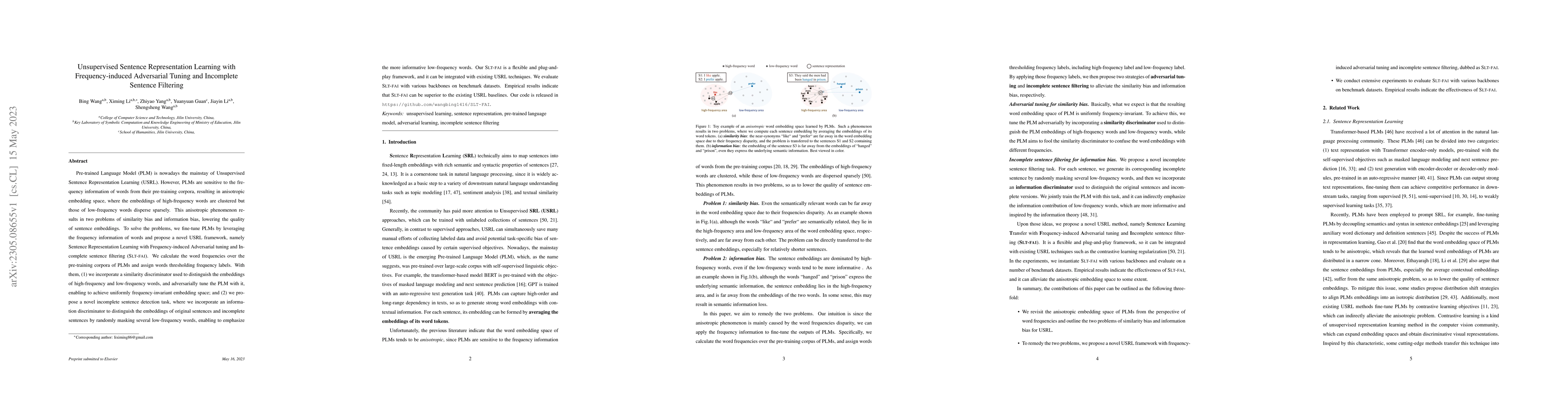 Thumbnail for Unsupervised Sentence Representation Learning with Frequency-induced
  Adversarial Tuning and Incomplete Sentence Filtering
