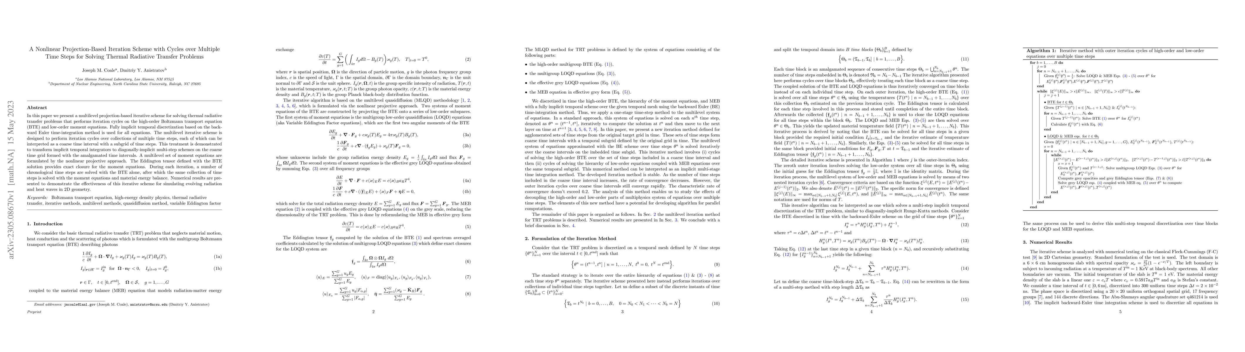 Thumbnail for A Nonlinear Projection-Based Iteration Scheme with Cycles over Multiple
  Time Steps for Solving Thermal Radiative Transfer Problems