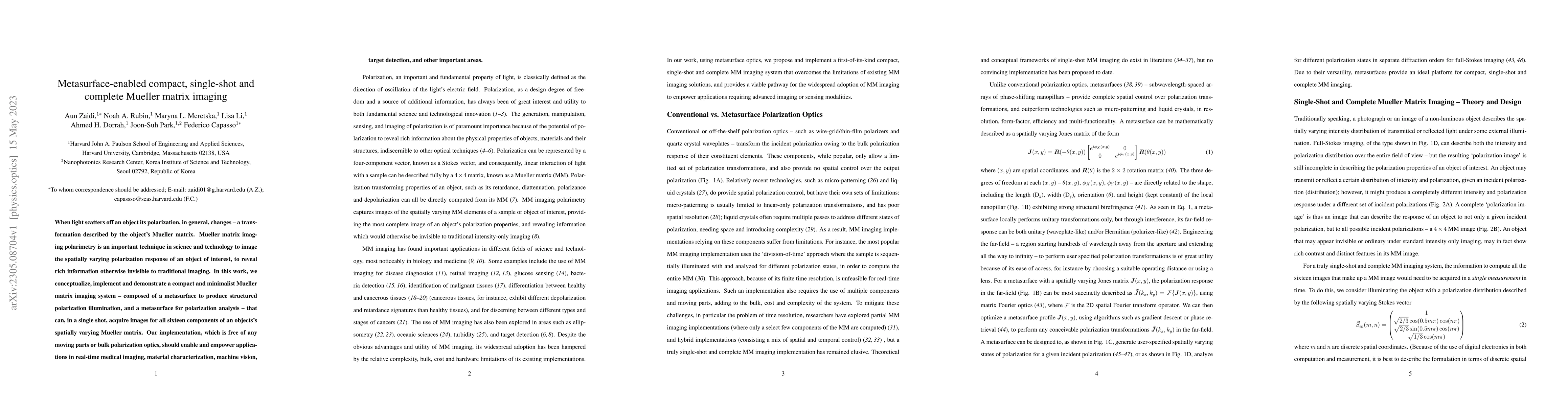 Thumbnail for Metasurface-enabled compact, single-shot and complete Mueller matrix
  imaging