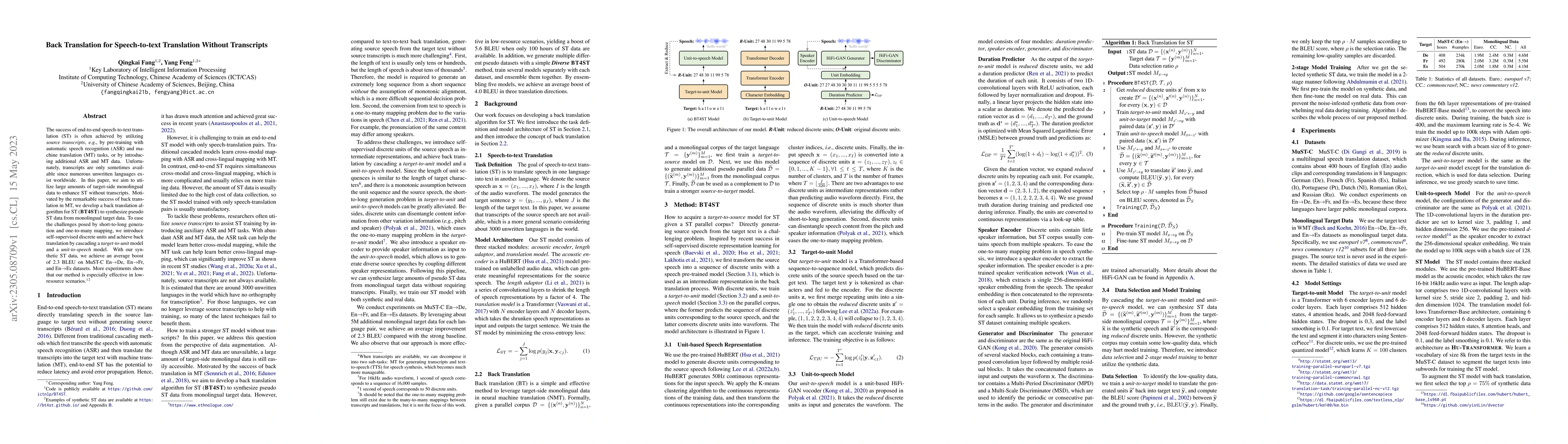 Thumbnail for Back Translation for Speech-to-text Translation Without Transcripts