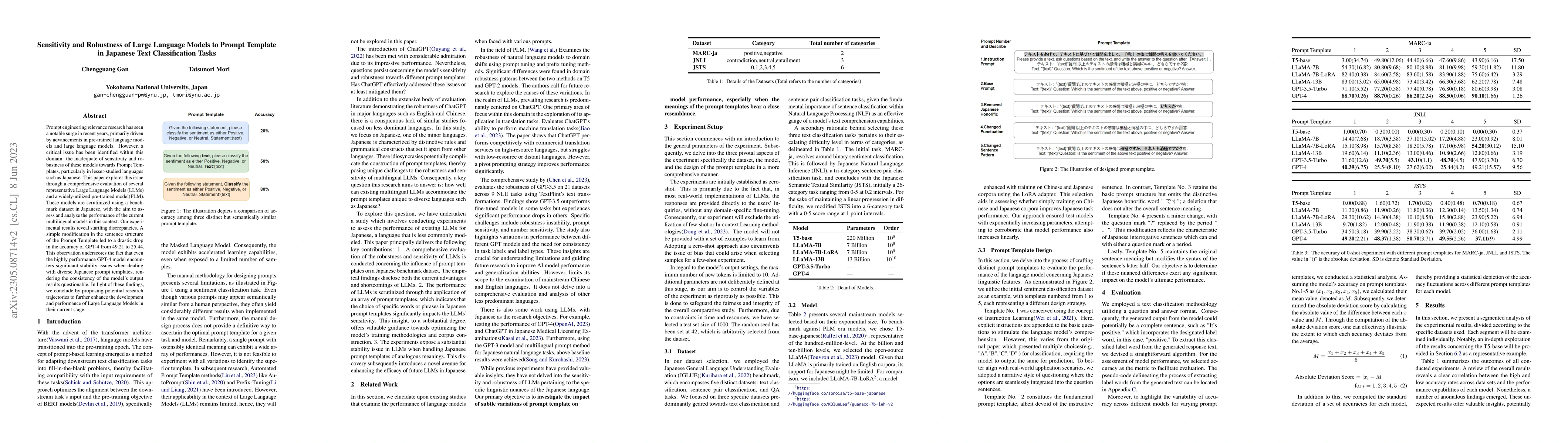 Thumbnail for Sensitivity and Robustness of Large Language Models to Prompt Template
  in Japanese Text Classification Tasks