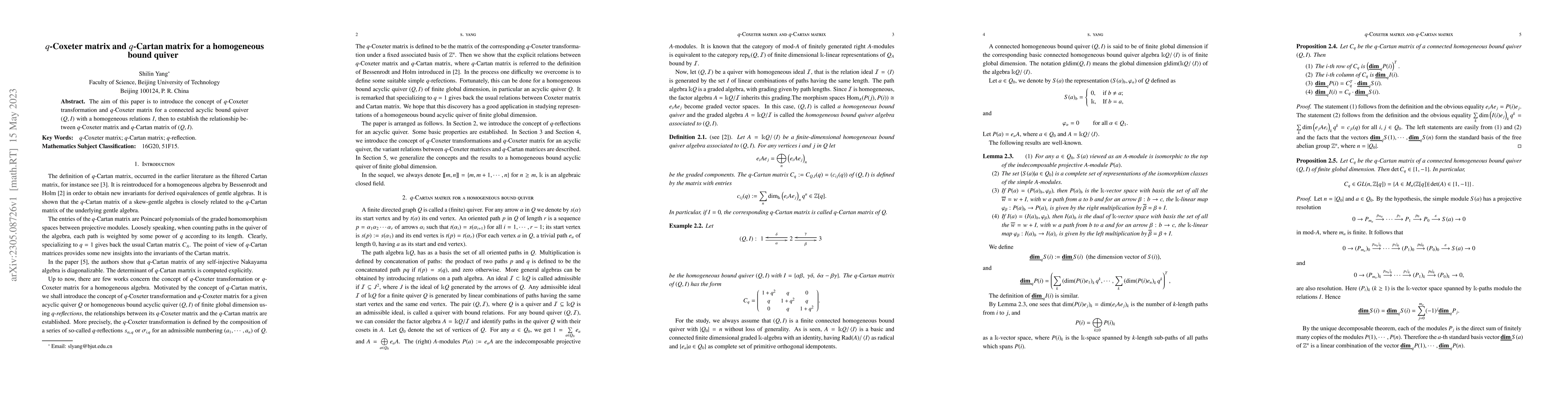 Thumbnail for $q$-Coxeter matrix and $q$-Cartan matrix for a homogeneous bound quiver