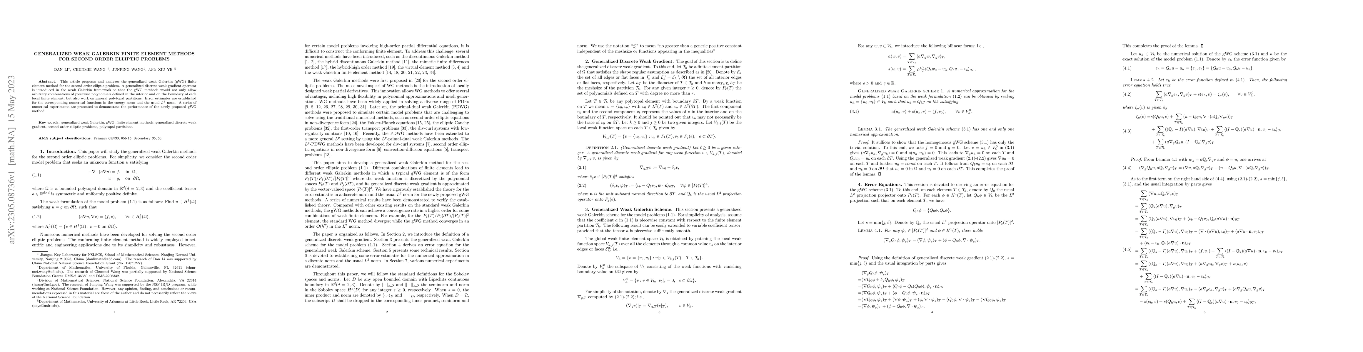 Thumbnail for Generalized weak Galerkin finite element methods for second order
  elliptic problems