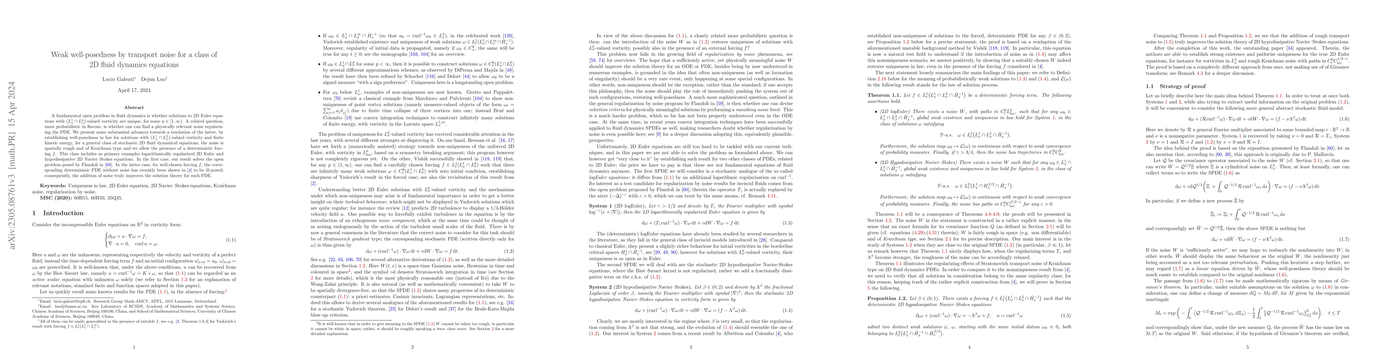 Thumbnail for Weak well-posedness by transport noise for a class of 2D fluid dynamics
  equations