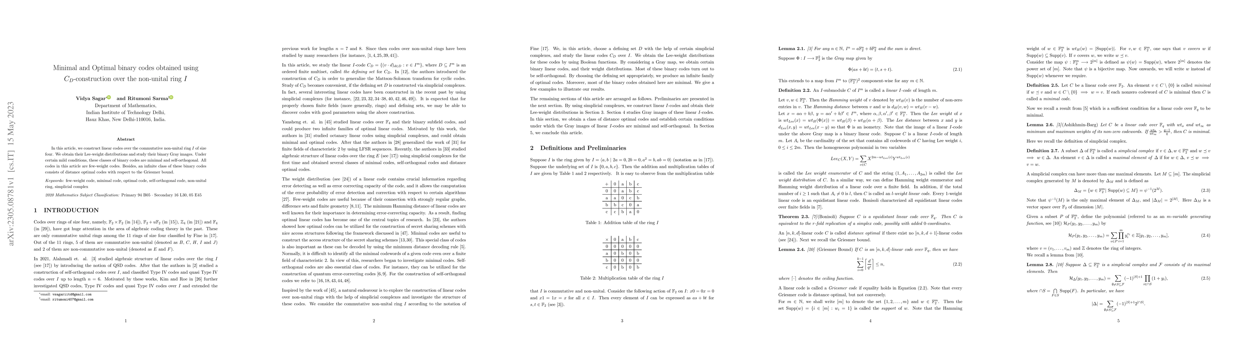 Thumbnail for Minimal and Optimal binary codes obtained using $C_D$-construction over
  the non-unital ring $I$