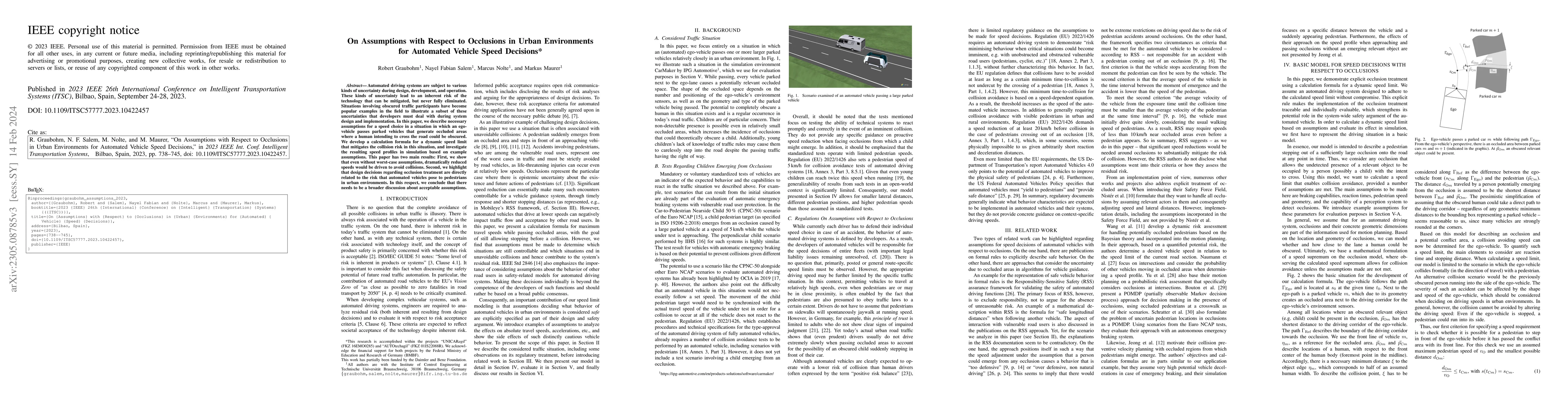 Thumbnail for On Assumptions with Respect to Occlusions in Urban Environments for
  Automated Vehicle Speed Decisions