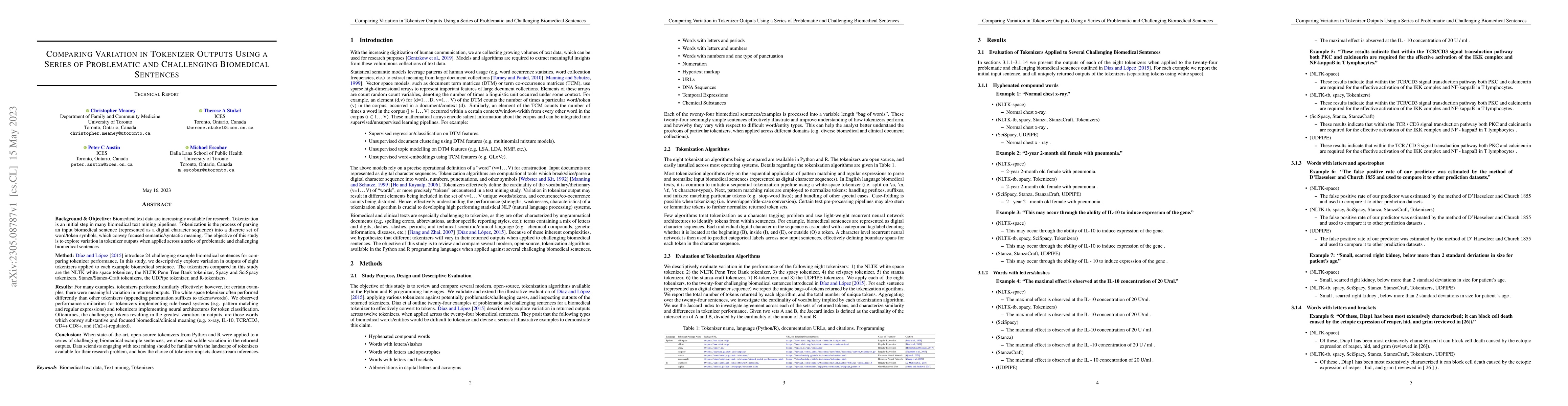 Thumbnail for Comparing Variation in Tokenizer Outputs Using a Series of Problematic
  and Challenging Biomedical Sentences