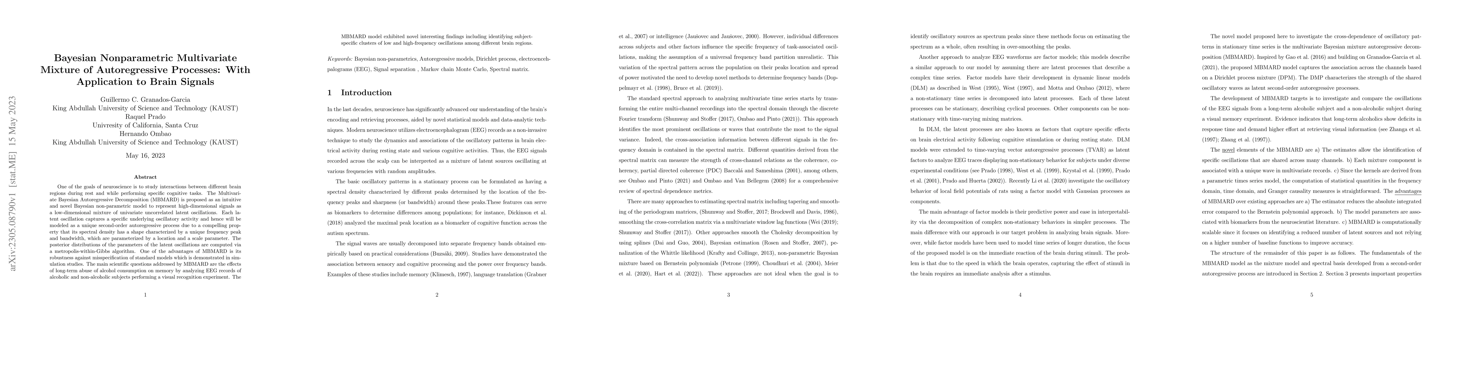 Thumbnail for Bayesian Nonparametric Multivariate Mixture of Autoregressive Processes:
  With Application to Brain Signals