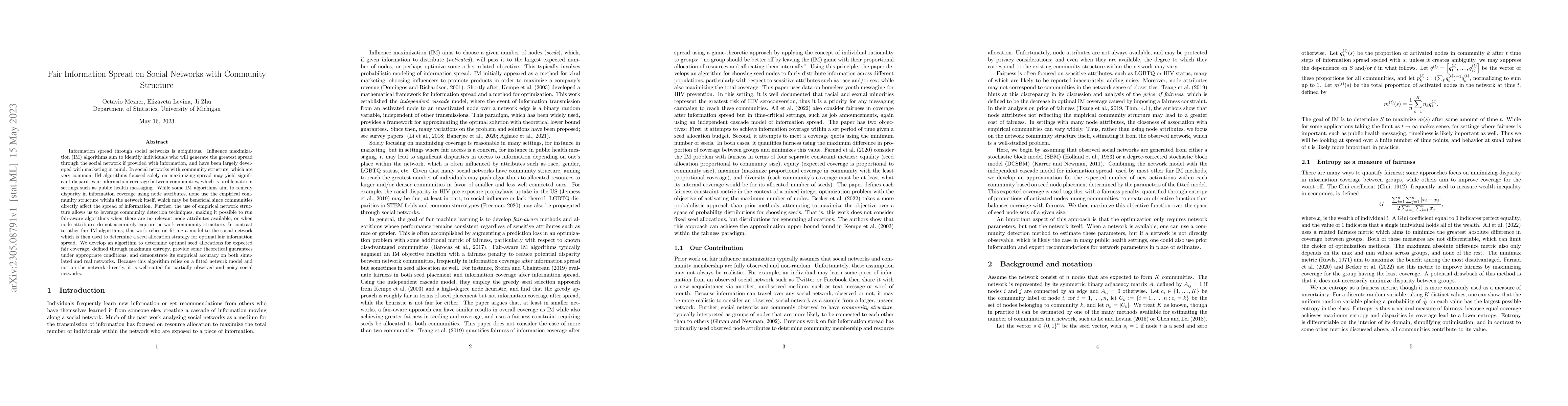 Thumbnail for Fair Information Spread on Social Networks with Community Structure