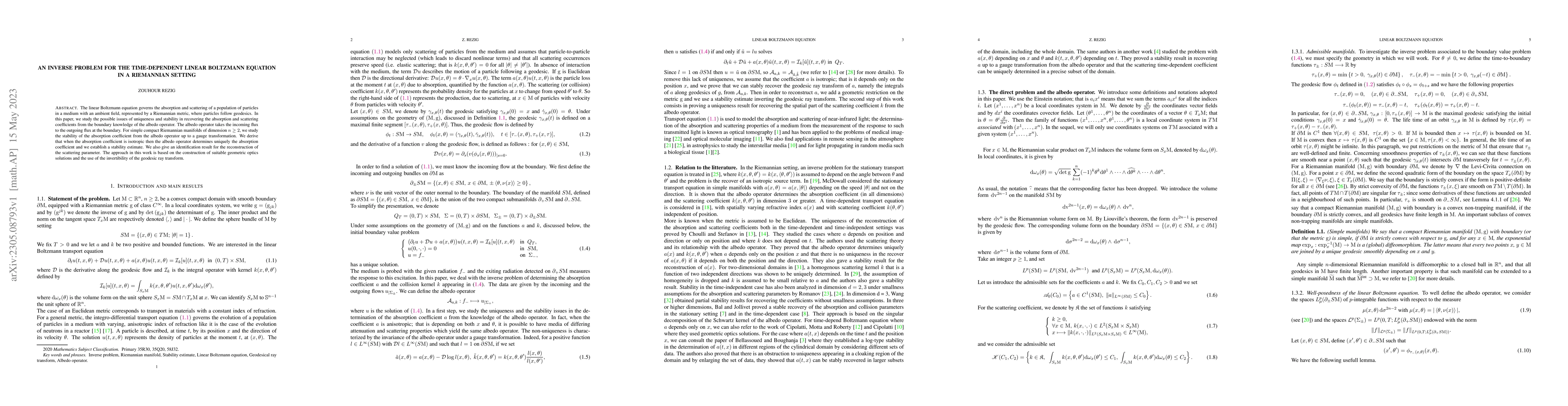 Thumbnail for An inverse problem for the time-dependent linear Boltzmann equation in a
  Riemannian setting
