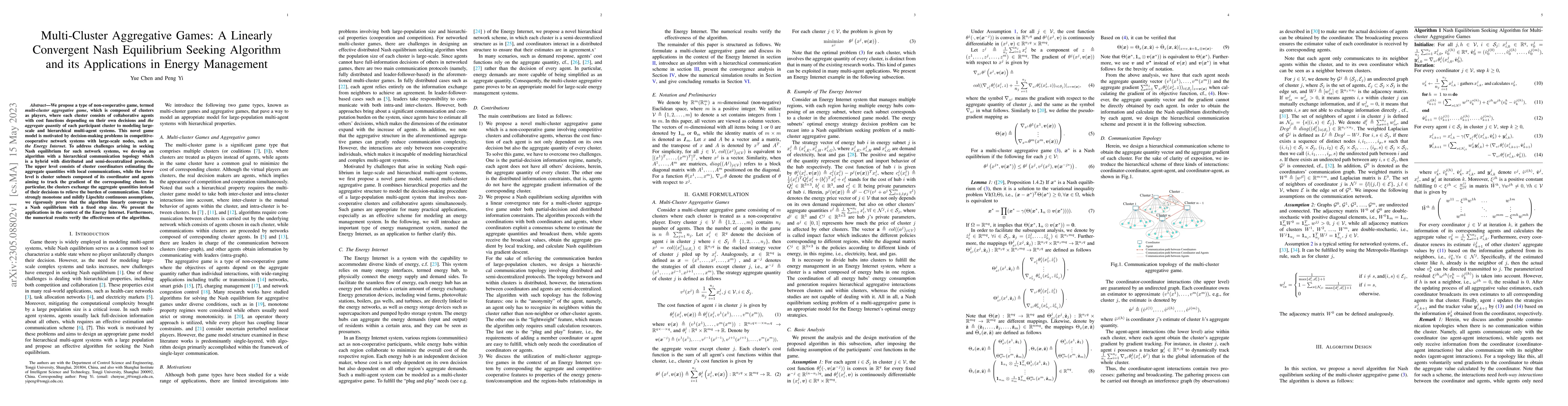 Thumbnail for Multi-Cluster Aggregative Games: A Linearly Convergent Nash Equilibrium
  Seeking Algorithm and its Applications in Energy Management