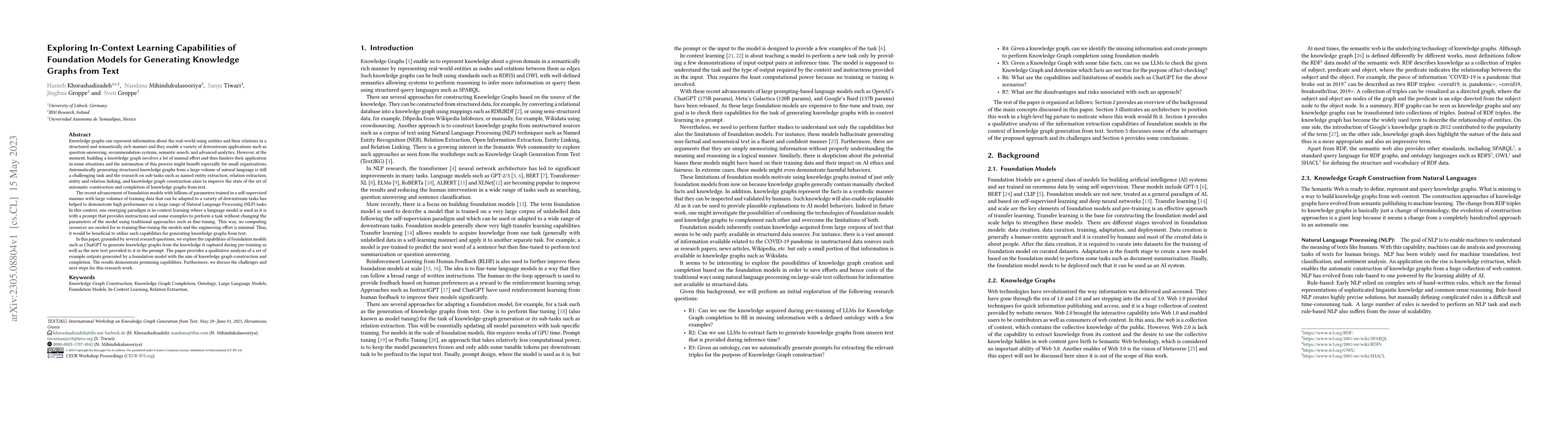 Thumbnail for Exploring In-Context Learning Capabilities of Foundation Models for
  Generating Knowledge Graphs from Text
