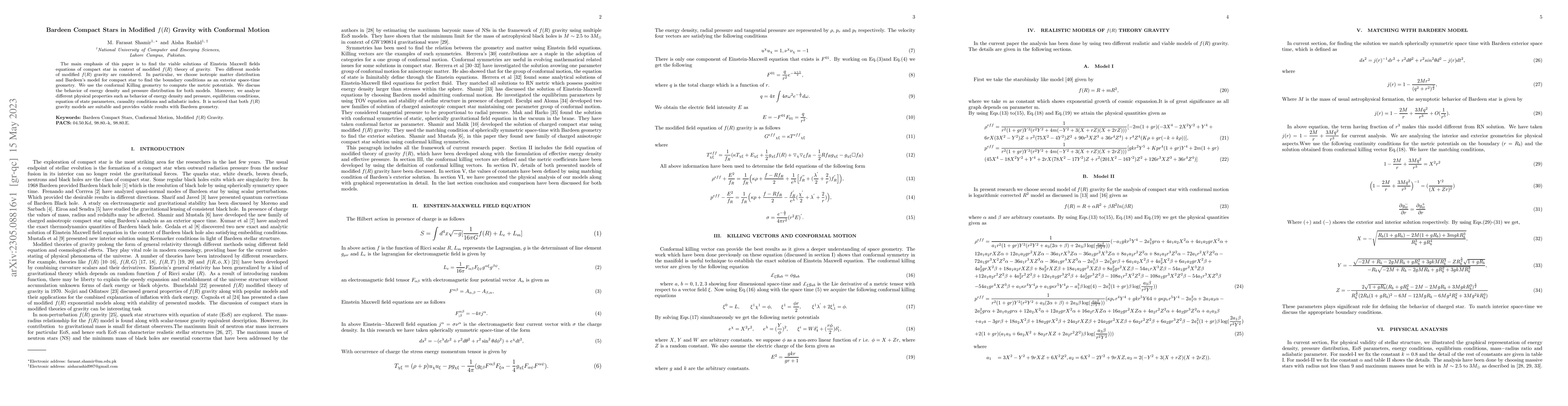Thumbnail for Bardeen Compact Stars in Modified $f(R)$ Gravity with Conformal Motion