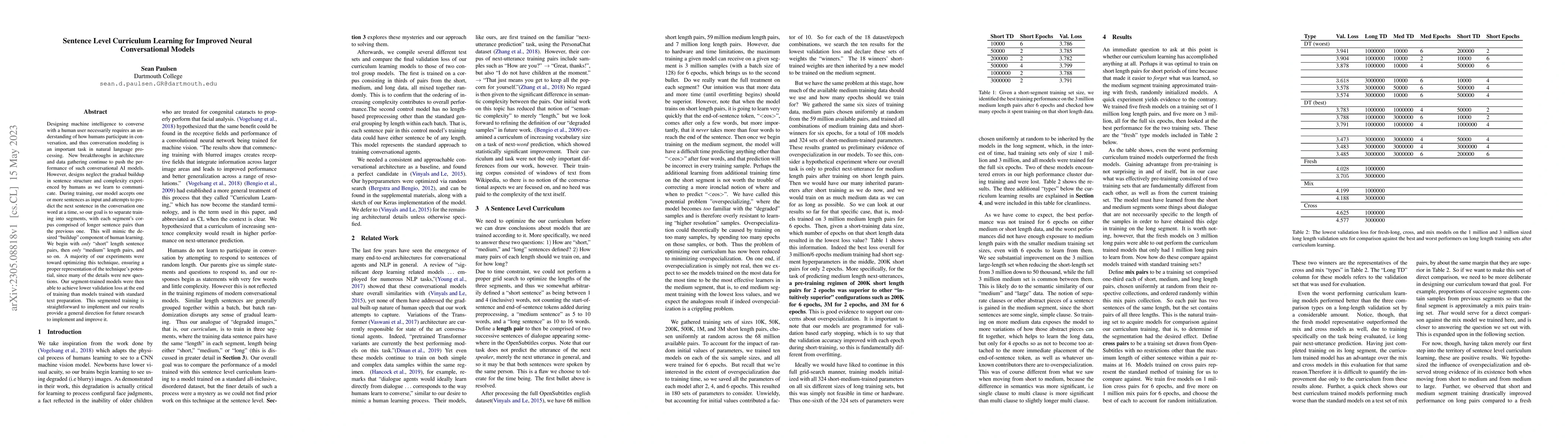 Thumbnail for Sentence Level Curriculum Learning for Improved Neural Conversational
  Models