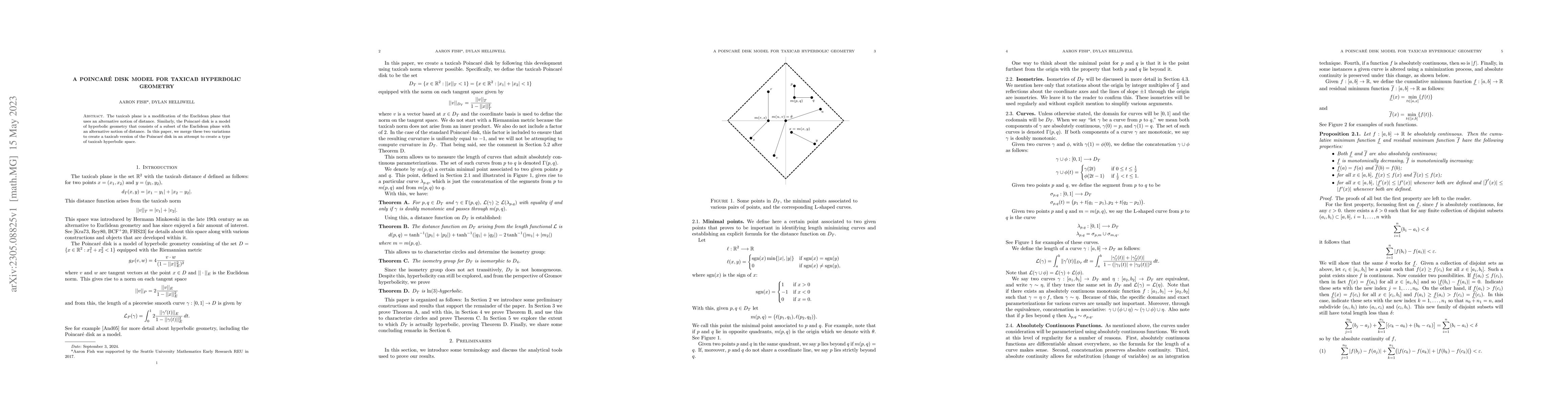 Thumbnail for A Poincar\'{e} disk model for taxicab hyperbolic geometry