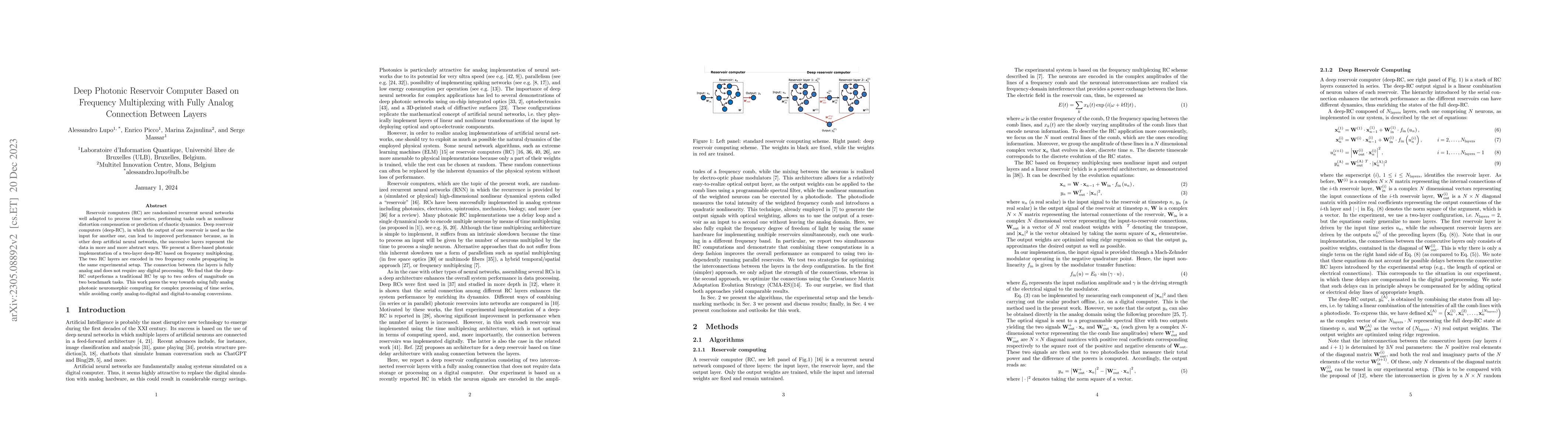 Thumbnail for Deep Photonic Reservoir Computer Based on Frequency Multiplexing with
  Fully Analog Connection Between Layers