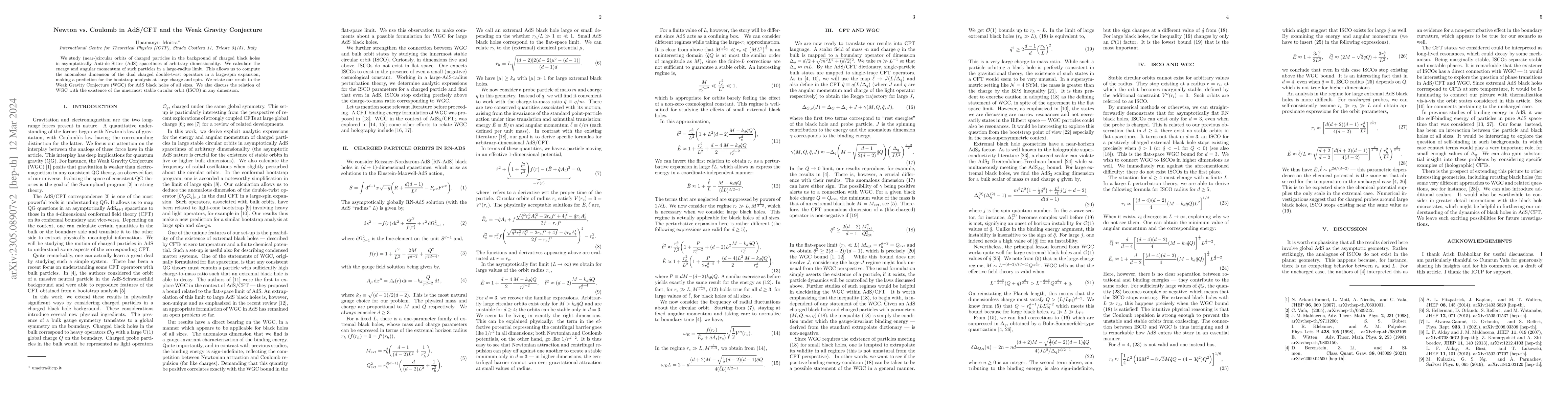 Thumbnail for Newton vs. Coulomb in AdS/CFT and the Weak Gravity Conjecture
