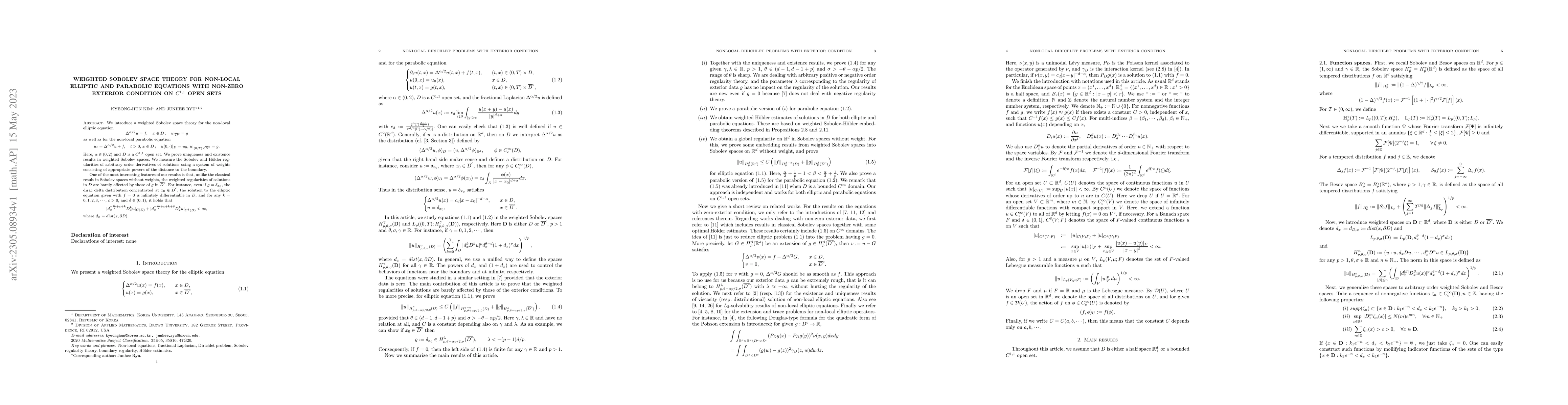 Thumbnail for Weighted Sobolev space theory for non-local elliptic and parabolic
  equations with non-zero exterior condition on $C^{1,1}$ open sets