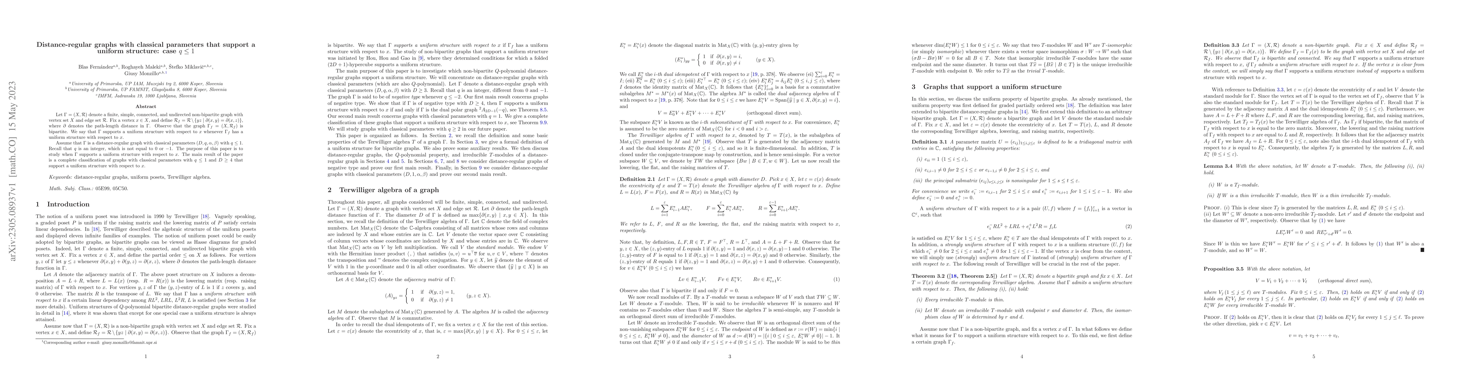 Thumbnail for Distance-regular graphs with classical parameters that support a uniform
  structure: case $q \le 1$