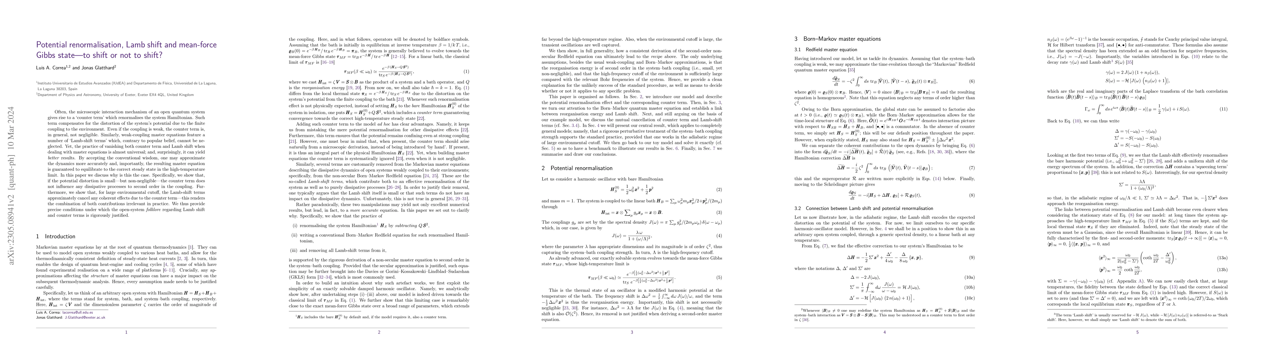 Thumbnail for Potential renormalisation, Lamb shift and mean-force Gibbs state -- to
  shift or not to shift?