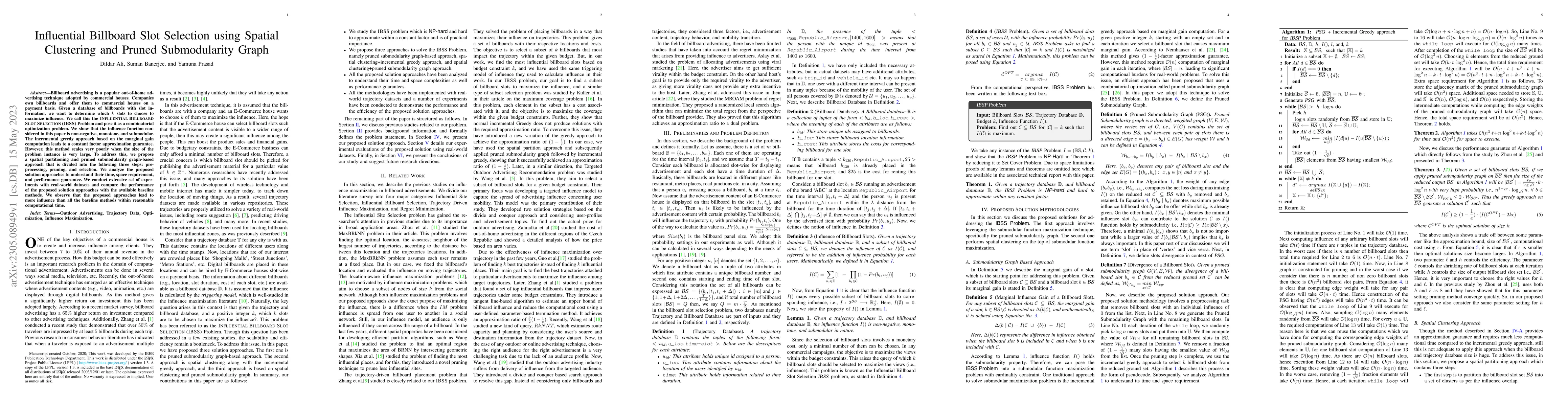 Thumbnail for Influential Billboard Slot Selection using Spatial Clustering and Pruned
  Submodularity Graph