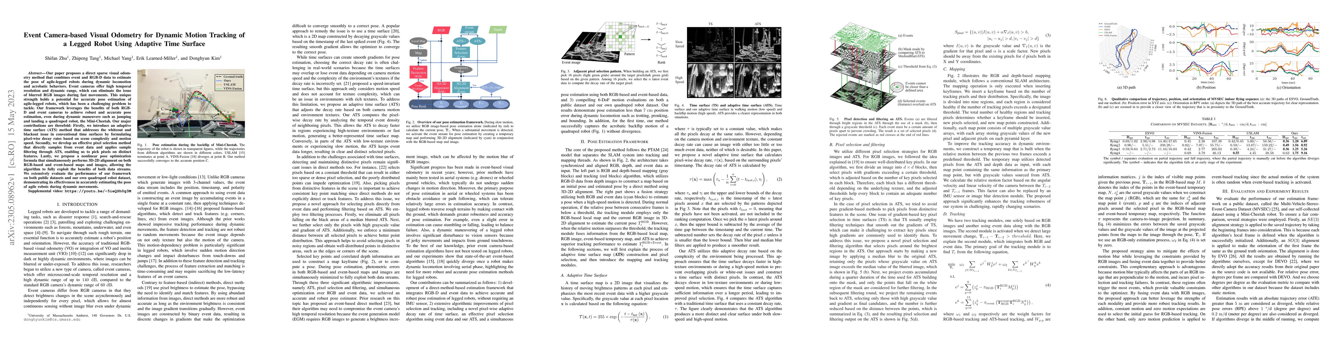 Thumbnail for Event Camera-based Visual Odometry for Dynamic Motion Tracking of a
  Legged Robot Using Adaptive Time Surface