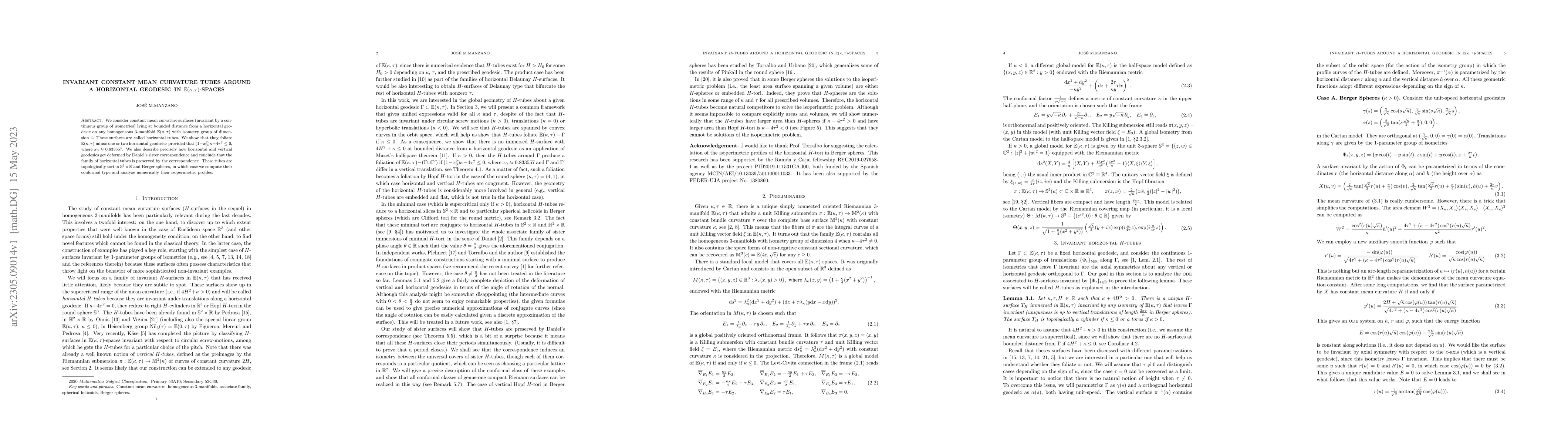 Thumbnail for Invariant constant mean curvature tubes around a horizontal geodesic in
  $\mathbb{E}(\kappa,\tau)$-spaces