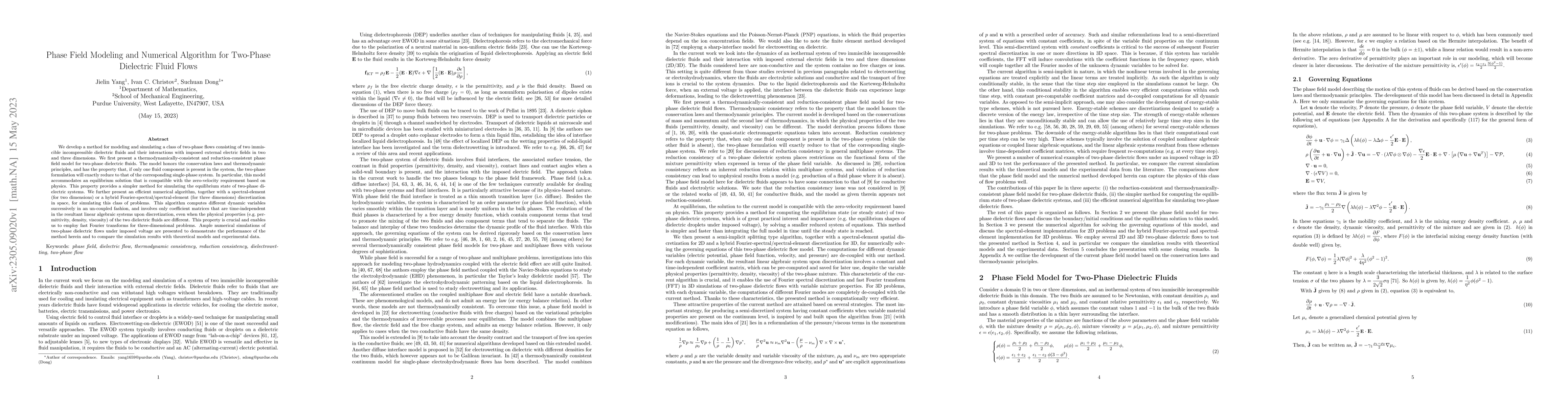Thumbnail for Phase Field Modeling and Numerical Algorithm for Two-Phase Dielectric
  Fluid Flows