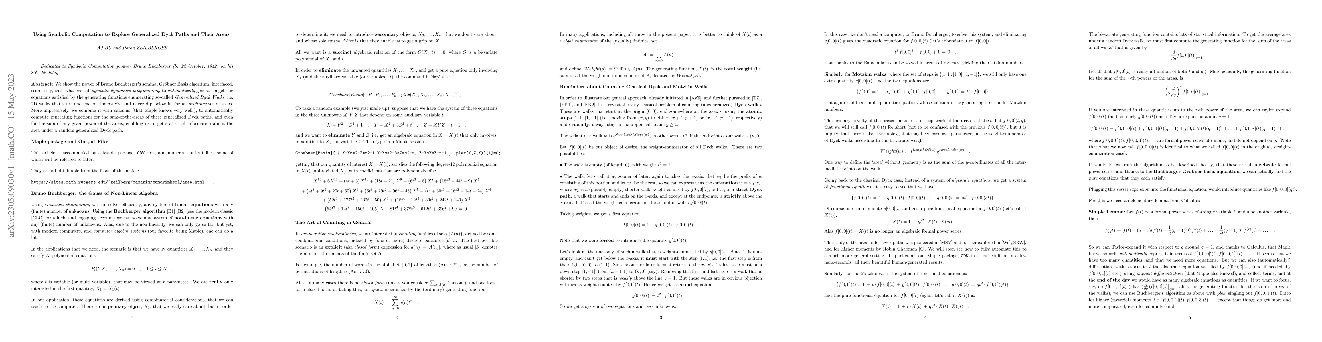 Thumbnail for Using Symbolic Computation to Explore Generalized Dyck Paths and Their
  Areas