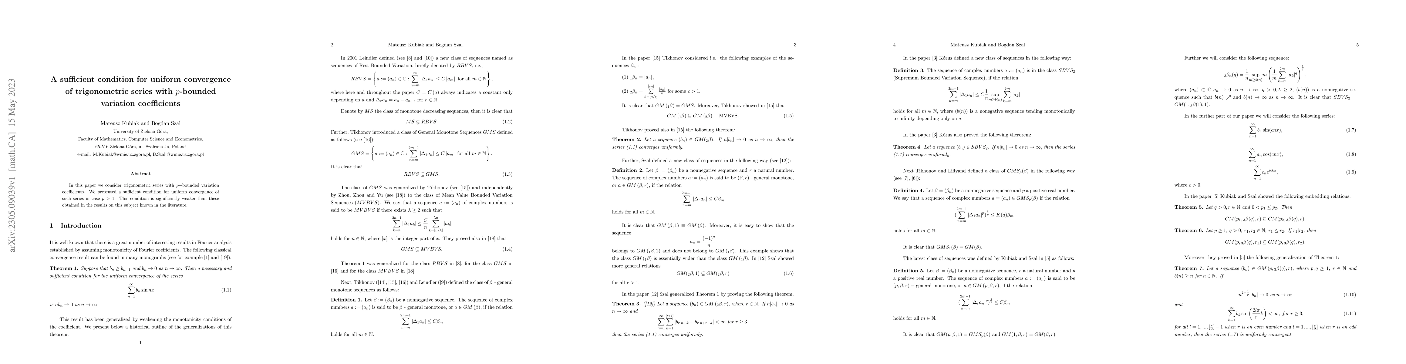 Thumbnail for A sufficient condition for uniform convergence of trigonometric series
  with p-bounded variation coefficients