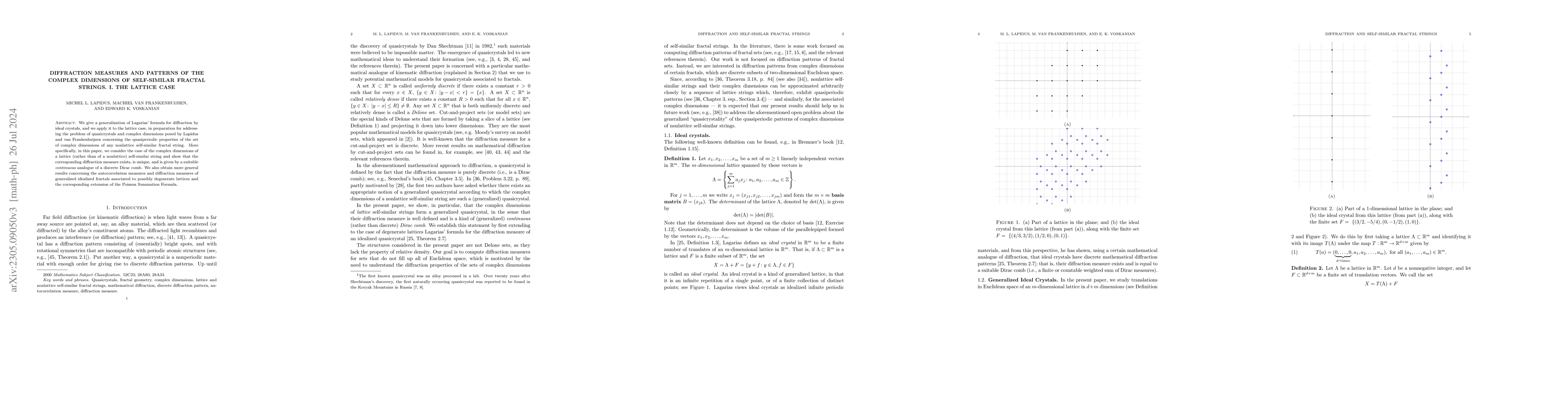 Thumbnail for Diffraction measures and patterns of the complex dimensions of
  self-similar fractal strings. I. The lattice case