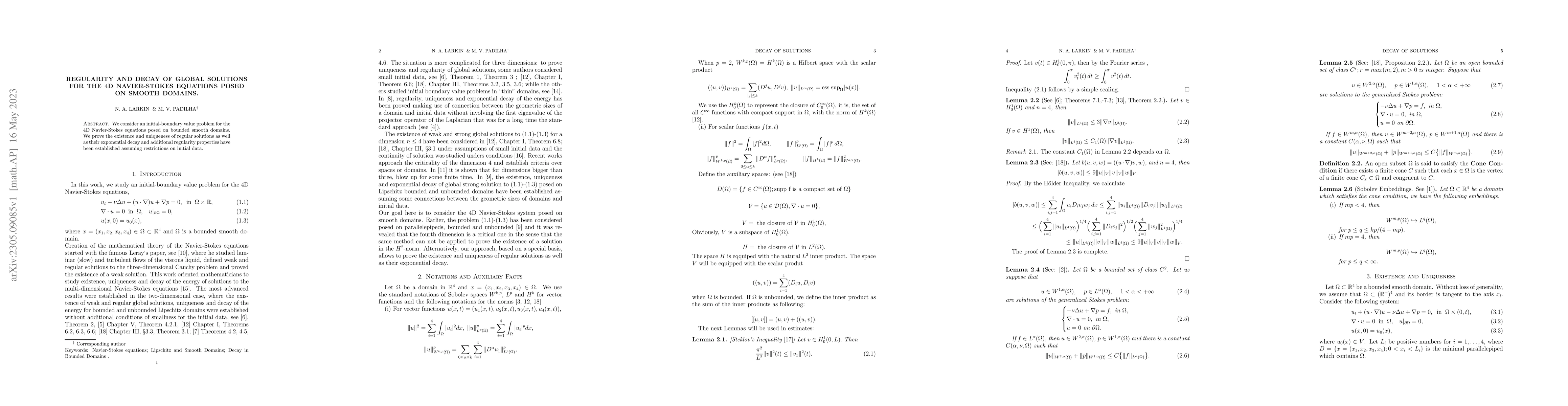 Thumbnail for Regularity and decay of global solutions for the 4D Navier-STokes
  equations posed on smooth domains