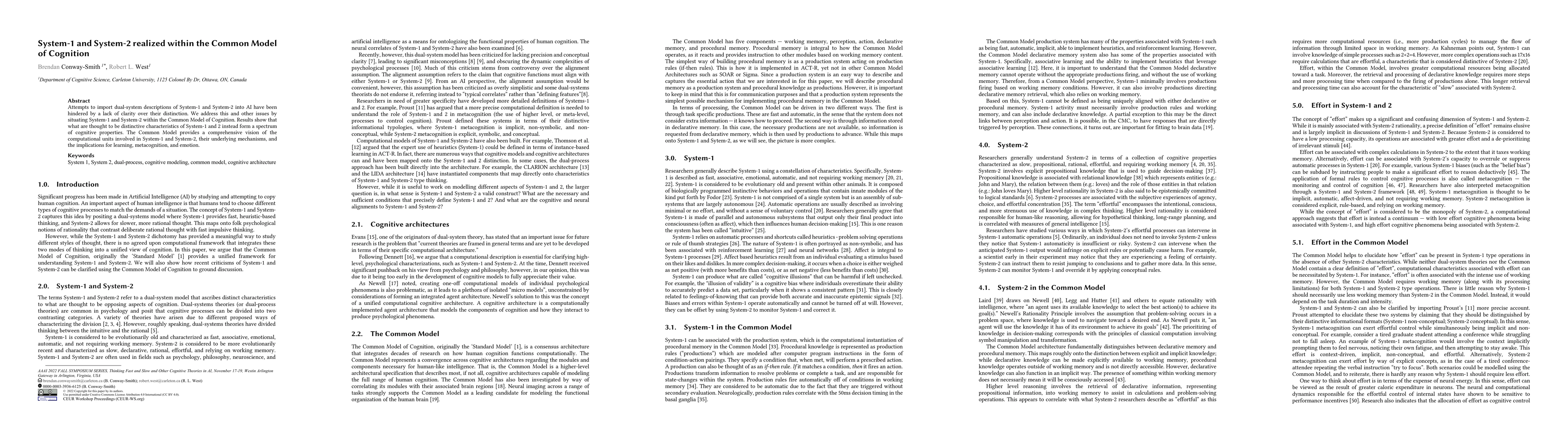 Thumbnail for AAAI 2022 Fall Symposium: System-1 and System-2 realized within the
  Common Model of Cognition