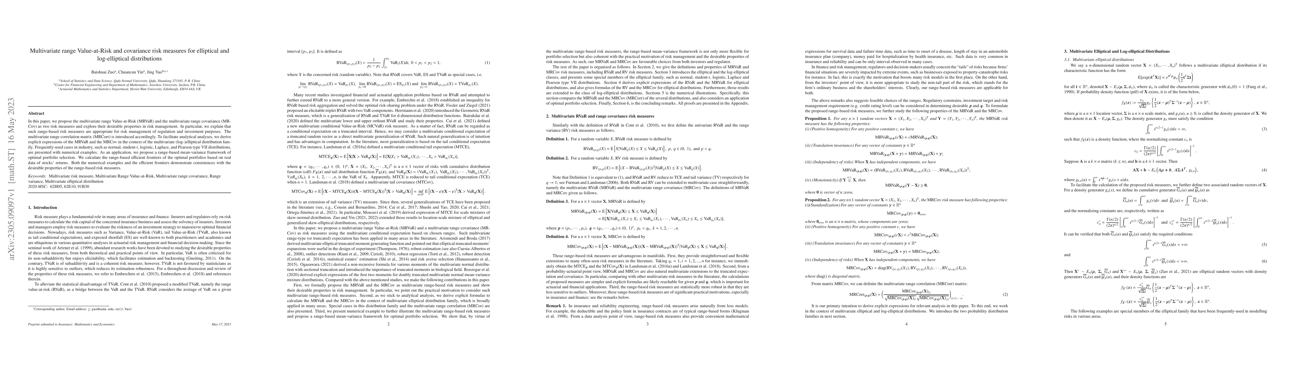 Thumbnail for Multivariate range Value-at-Risk and covariance risk measures for
  elliptical and log-elliptical distributions