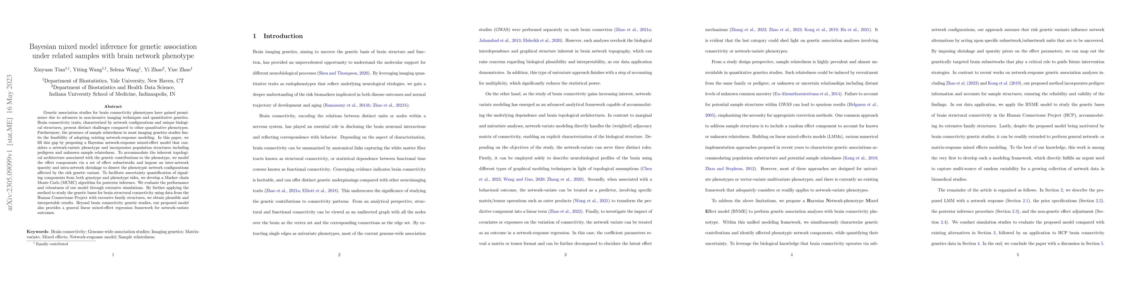 Thumbnail for Bayesian mixed model inference for genetic association under related
  samples with brain network phenotype