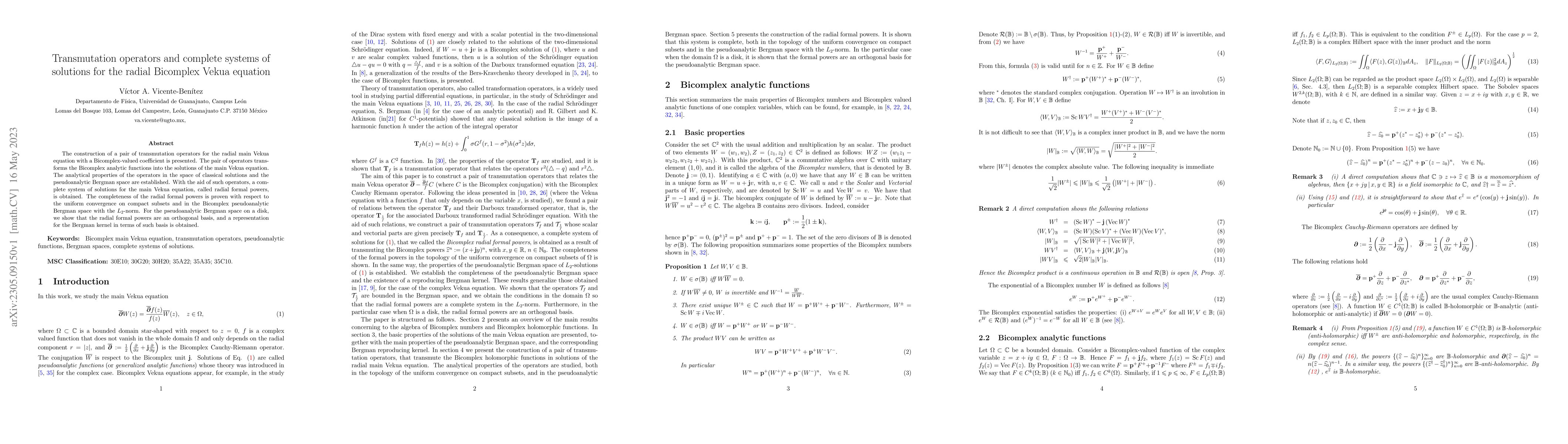Thumbnail for Transmutation operators and complete systems of solutions for the radial
  Bicomplex Vekua equation