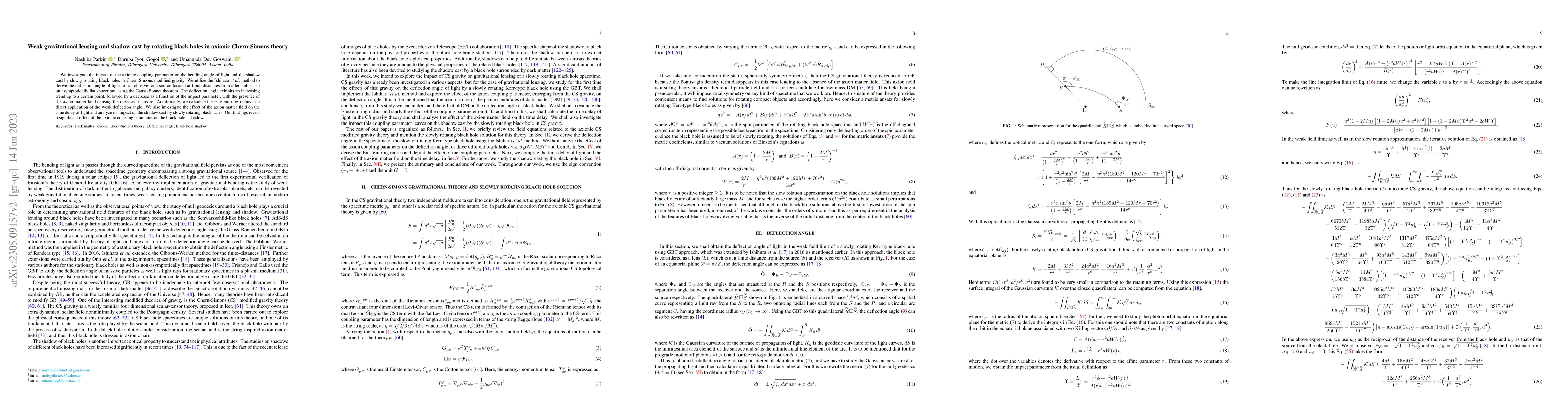Thumbnail for Weak gravitational lensing and shadow cast by rotating black holes in
  axionic Chern-Simons theory