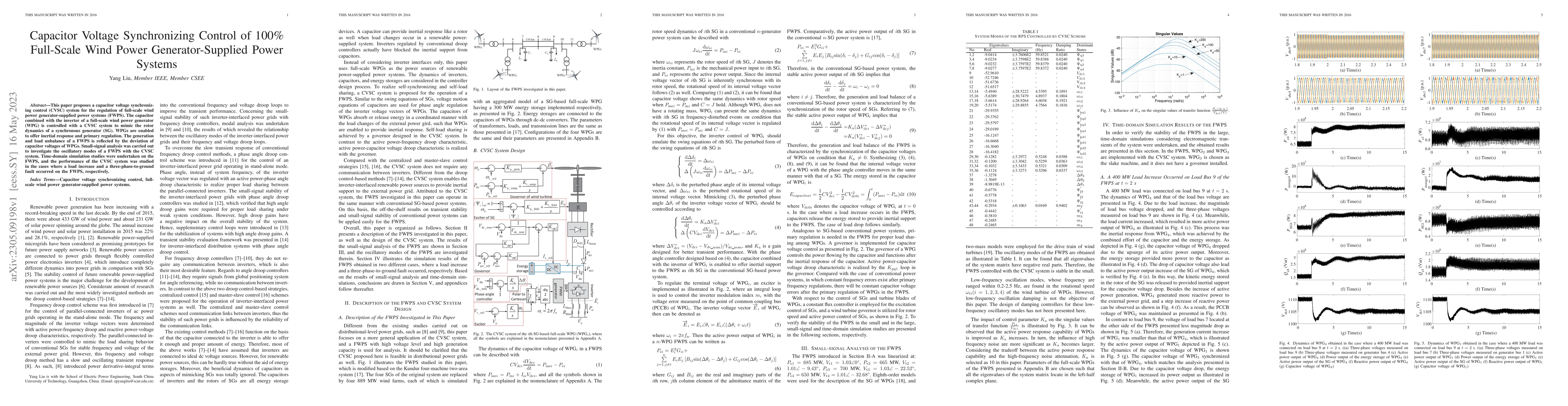 Thumbnail for Capacitor Voltage Synchronizing Control of 100% Full-Scale Wind Power
  Generator-Supplied Power Systems