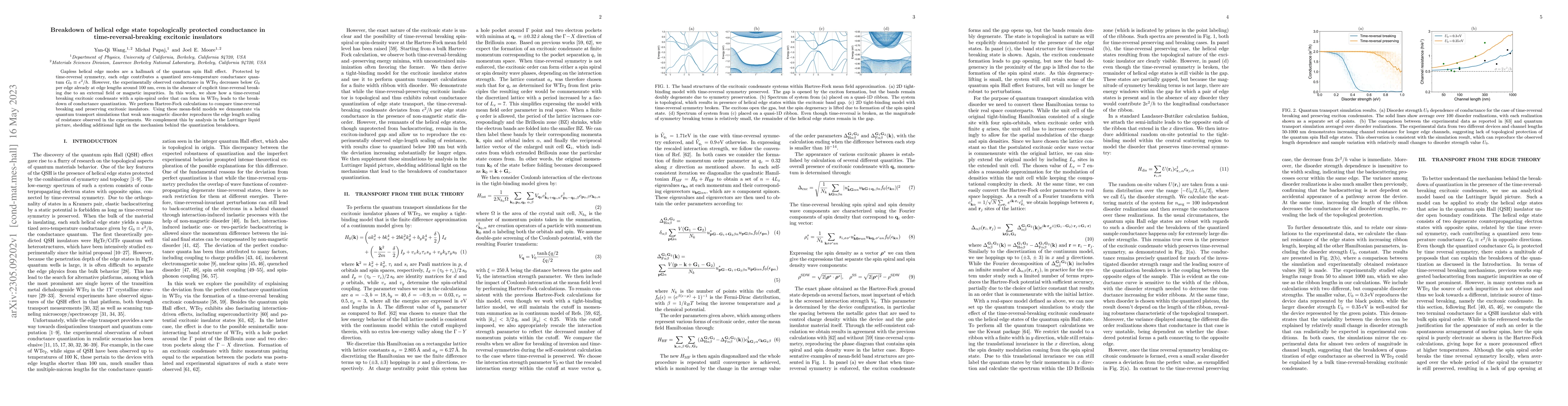Thumbnail for Breakdown of helical edge state topologically protected conductance in
  time-reversal-breaking excitonic insulators