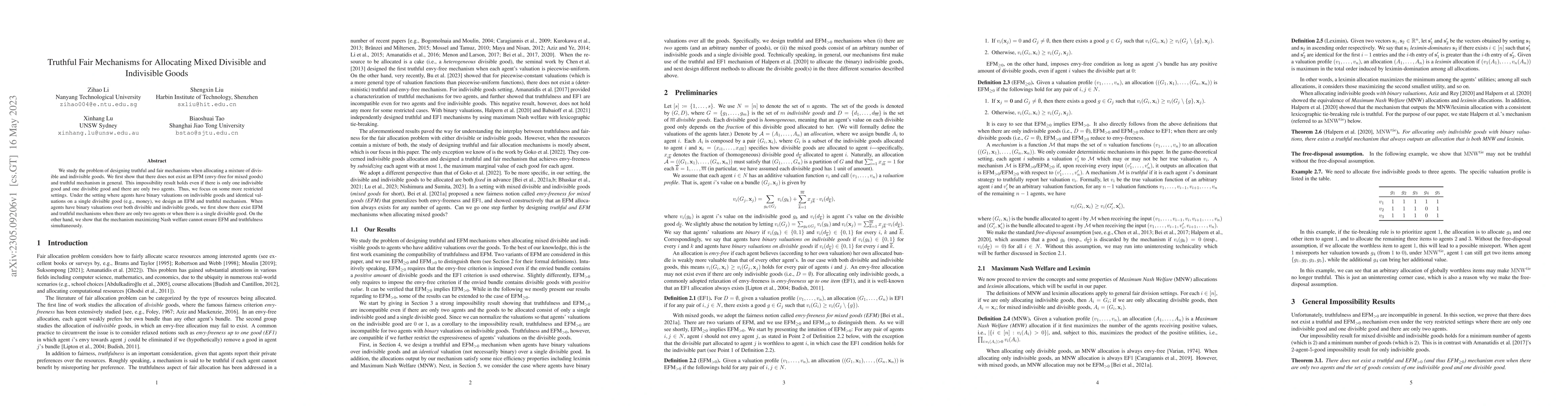 Thumbnail for Truthful Fair Mechanisms for Allocating Mixed Divisible and Indivisible
  Goods