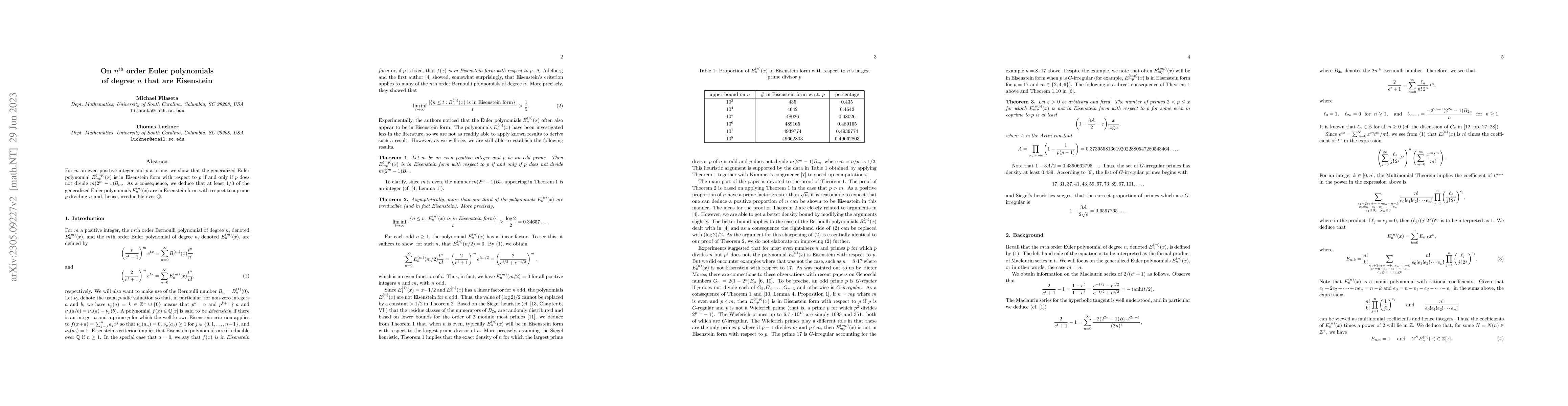 Thumbnail for On $n^{\rm th}$ order Euler polynomials of degree $n$ that are
  Eisenstein