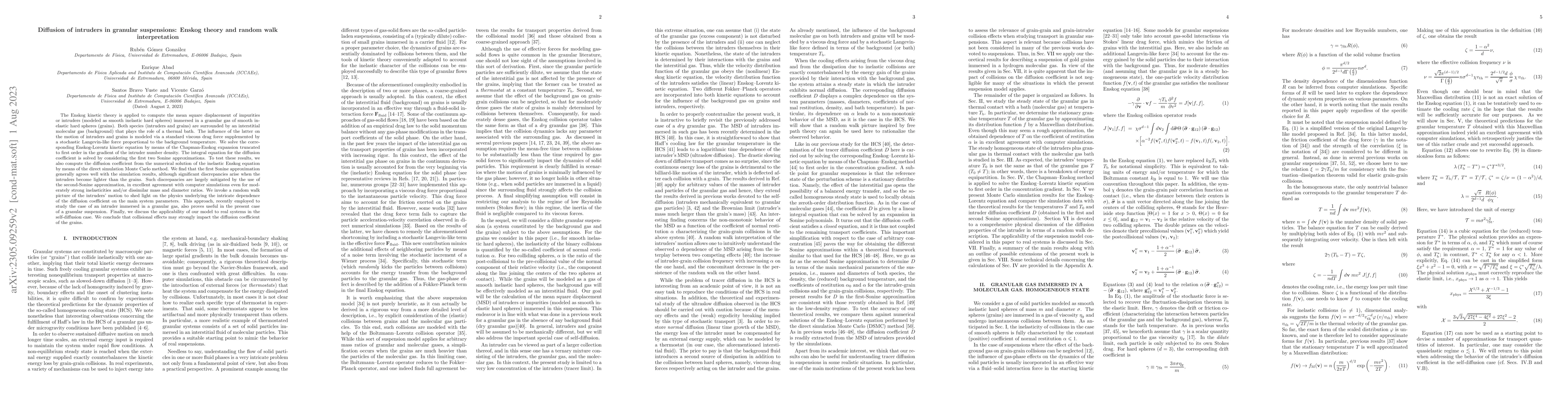 Thumbnail for Diffusion of intruders in granular suspensions: Enskog theory and random
  walk interpretation