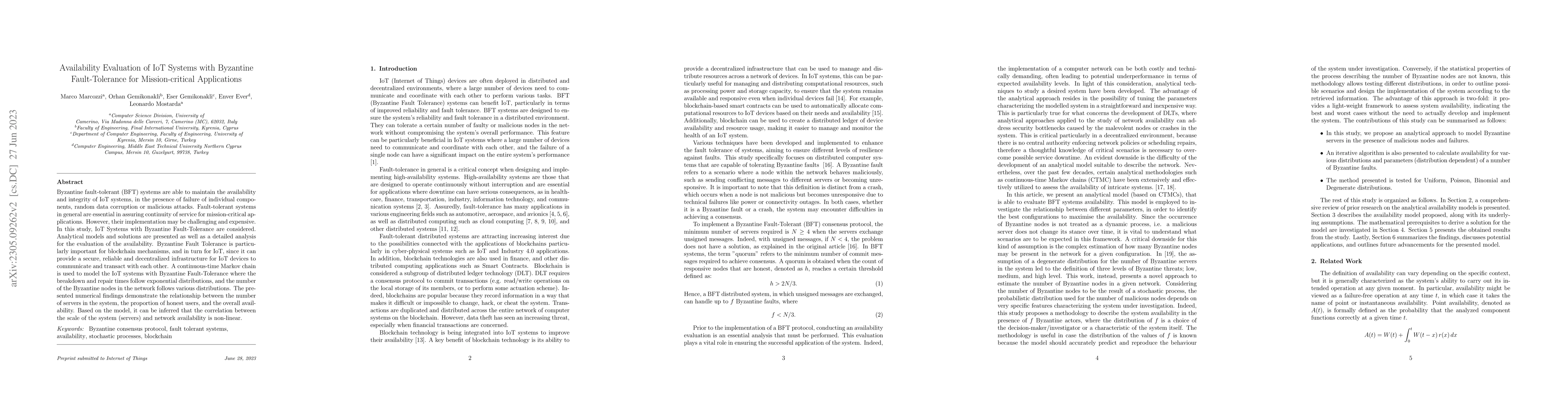 Thumbnail for Availability Evaluation of IoT Systems with Byzantine Fault-Tolerance
  for Mission-critical Applications