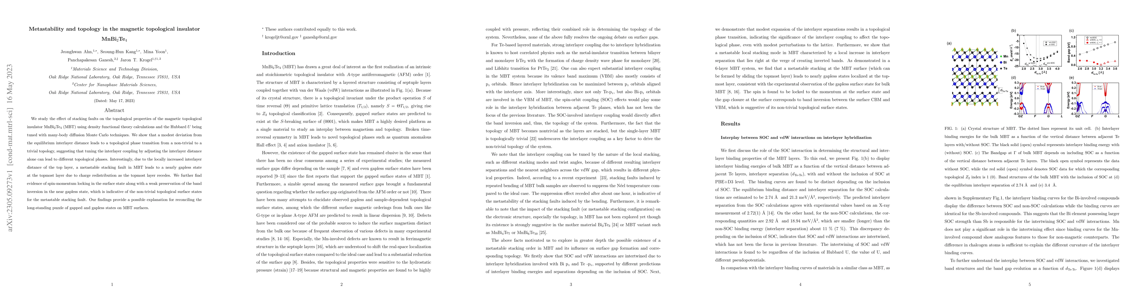 Thumbnail for Metastability and topology in the magnetic topological insulator
  MnBi$_{2}$Te$_{4}$