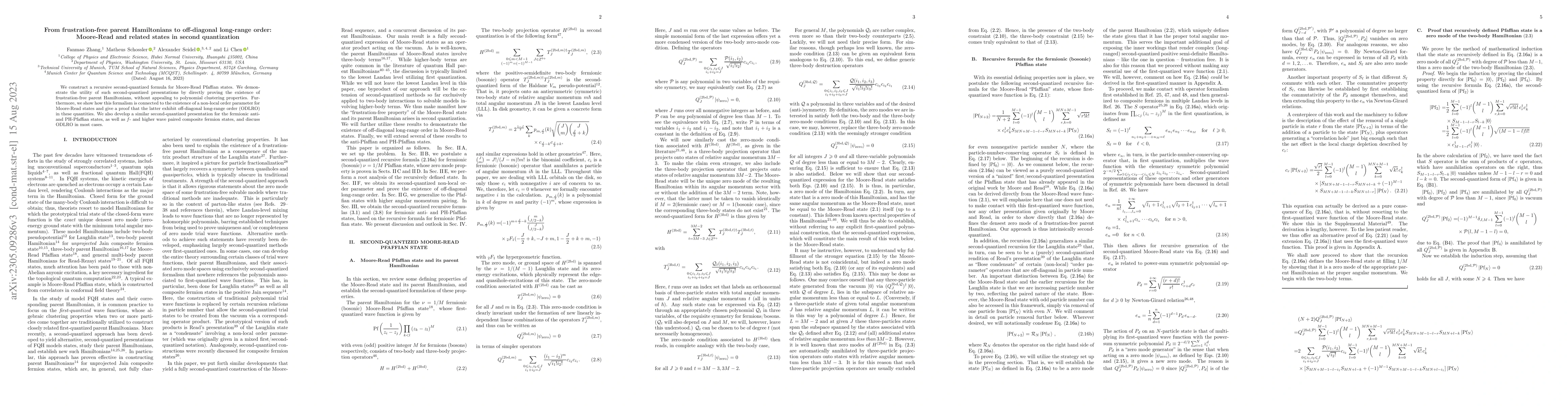 Thumbnail for From frustration-free parent Hamiltonians to off-diagonal long-range
  order: Moore-Read and related states in second quantization