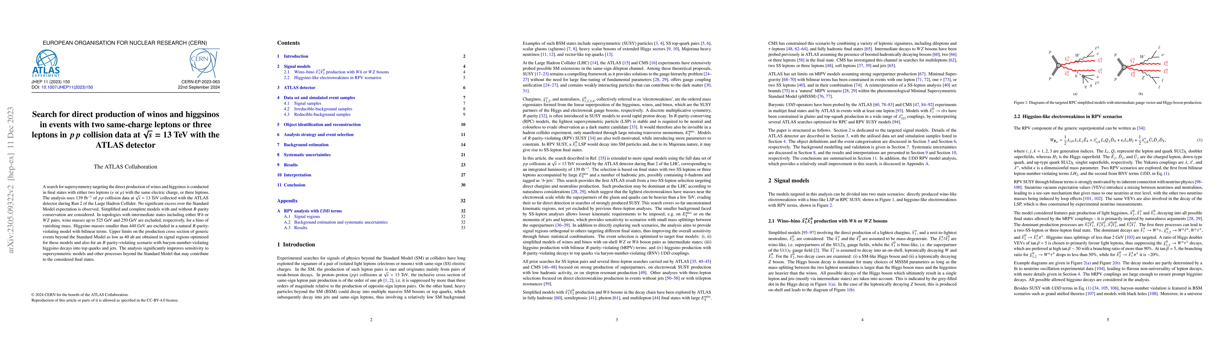 Thumbnail for Search for direct production of winos and higgsinos in events with two
  same-charge leptons or three leptons in $pp$ collision data at $\sqrt{s}=13$
  TeV with the ATLAS detector