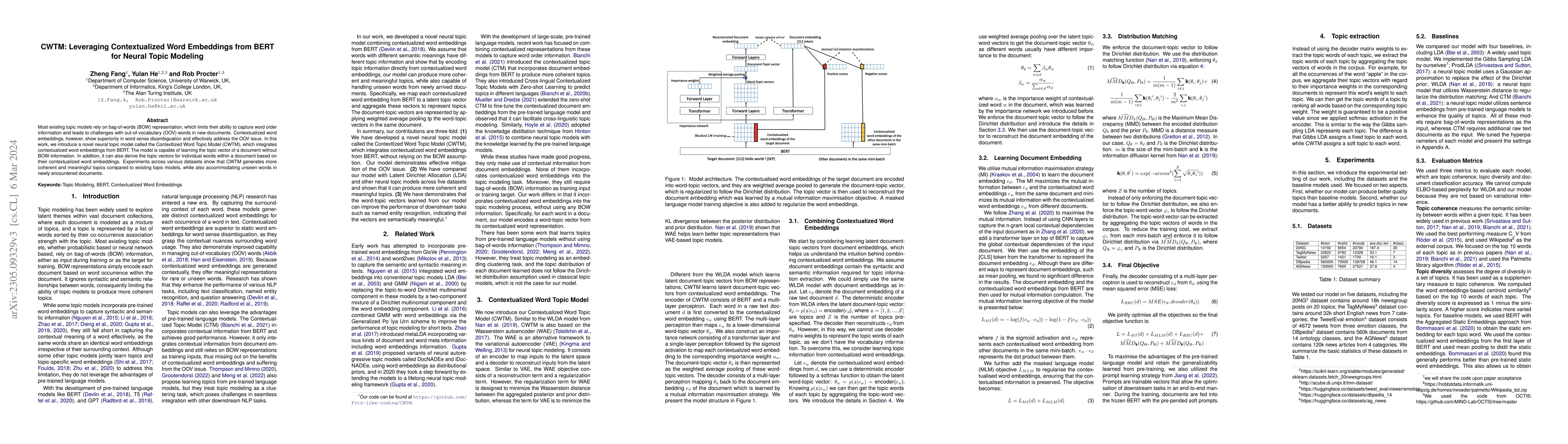 Thumbnail for CWTM: Leveraging Contextualized Word Embeddings from BERT for Neural
  Topic Modeling